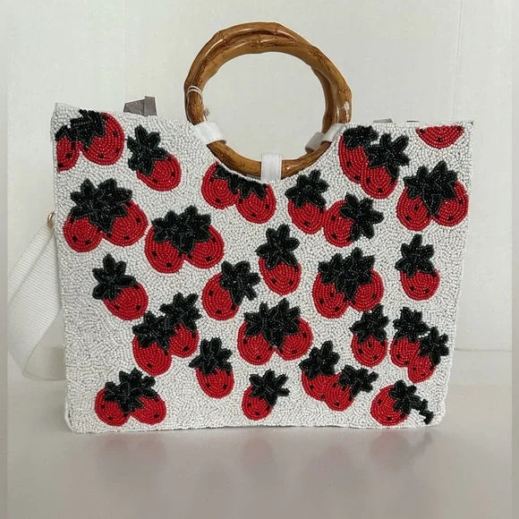NWT Sol + Mer Strawberry Beaded Viral Purse Handbag w Bamboo Handles White Strap - Picture 3 of 15